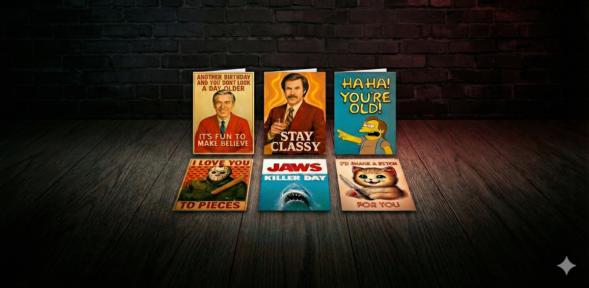 Set of humorous posters on a dark wooden surface with a brick wall background