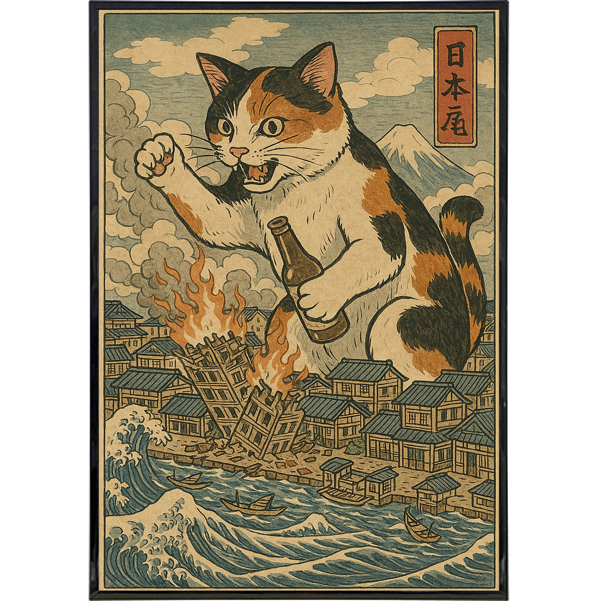 Wholesale ​Cat Destroying City Ukiyo-E Original Poster Print - Shady Front