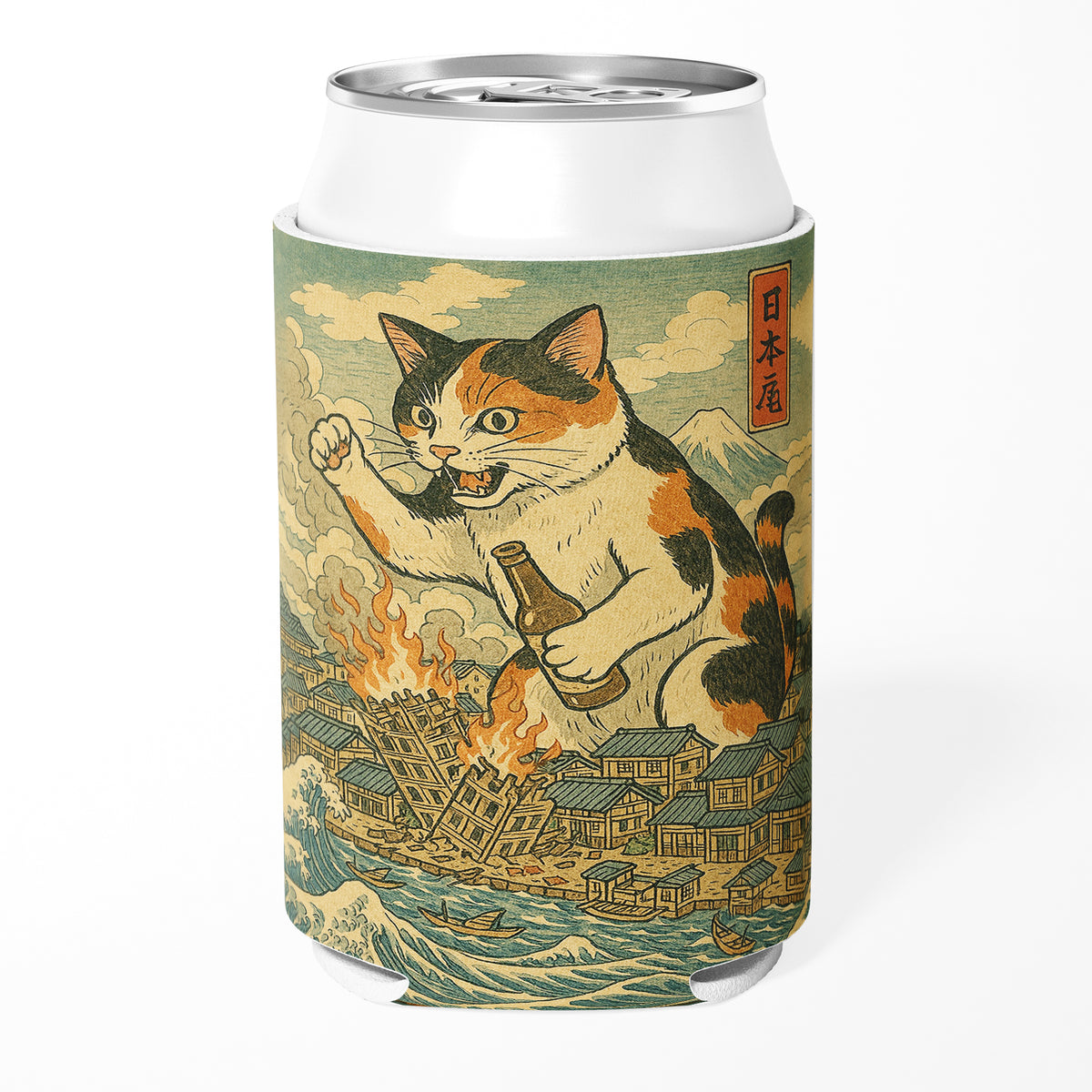 Wholesale ​Cat Destroying City Japanese Ukiyo-E Can Cooler - Shady Front