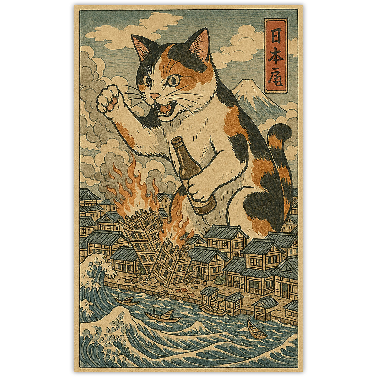 Wholesale ​Cat Destroying City Ukiyo-E Sticker - Shady Front