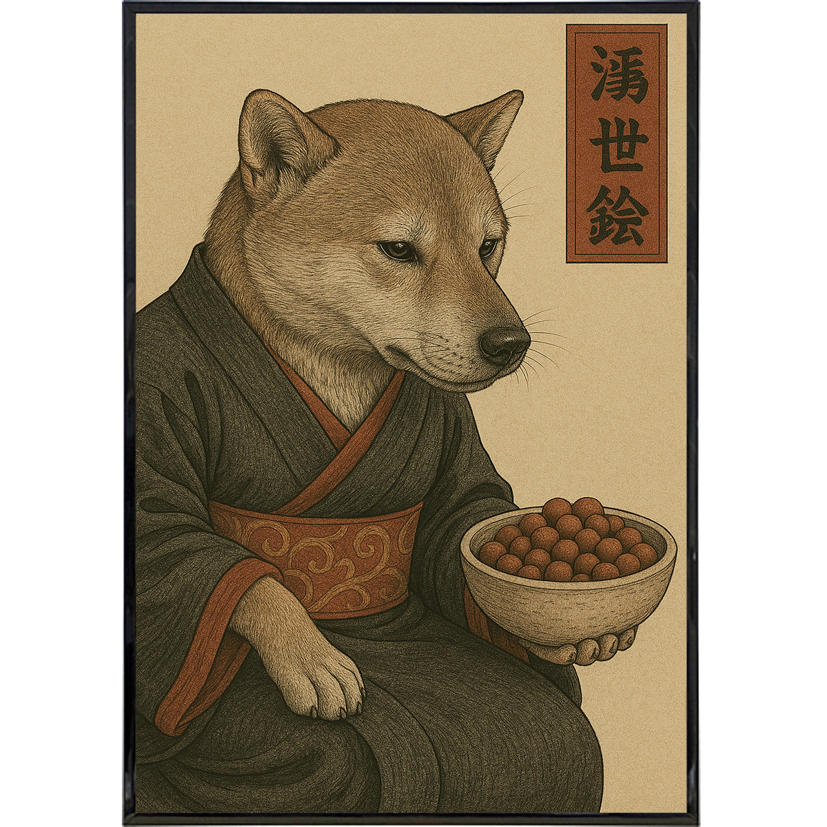 Wholesale ​Dog Contemplating Kibble Japanese Ukiyo-e Style Poster Print - Shady Front