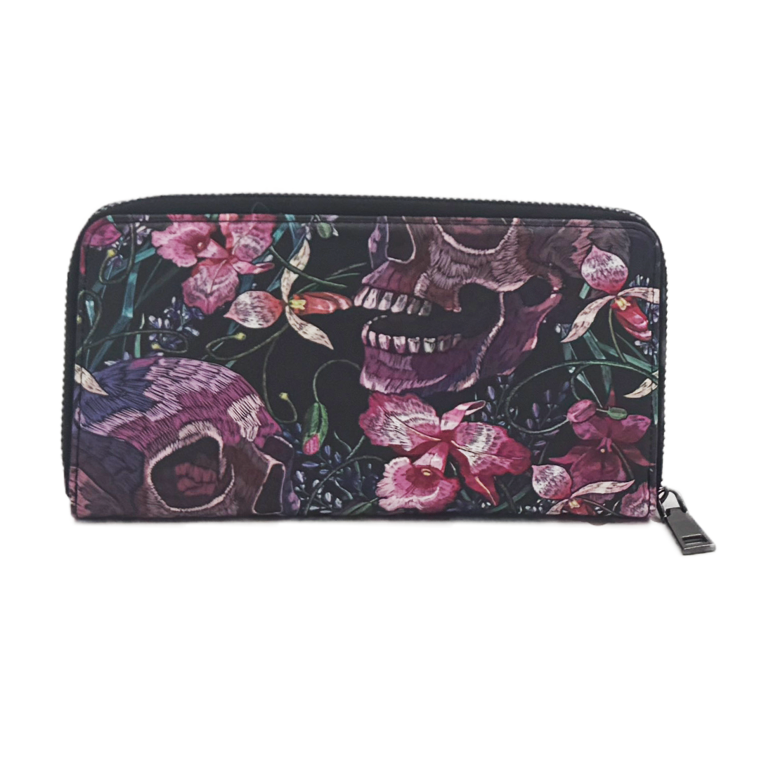 Wholesale ​Skulls and Flowers Clutch Wallet - Shady Front