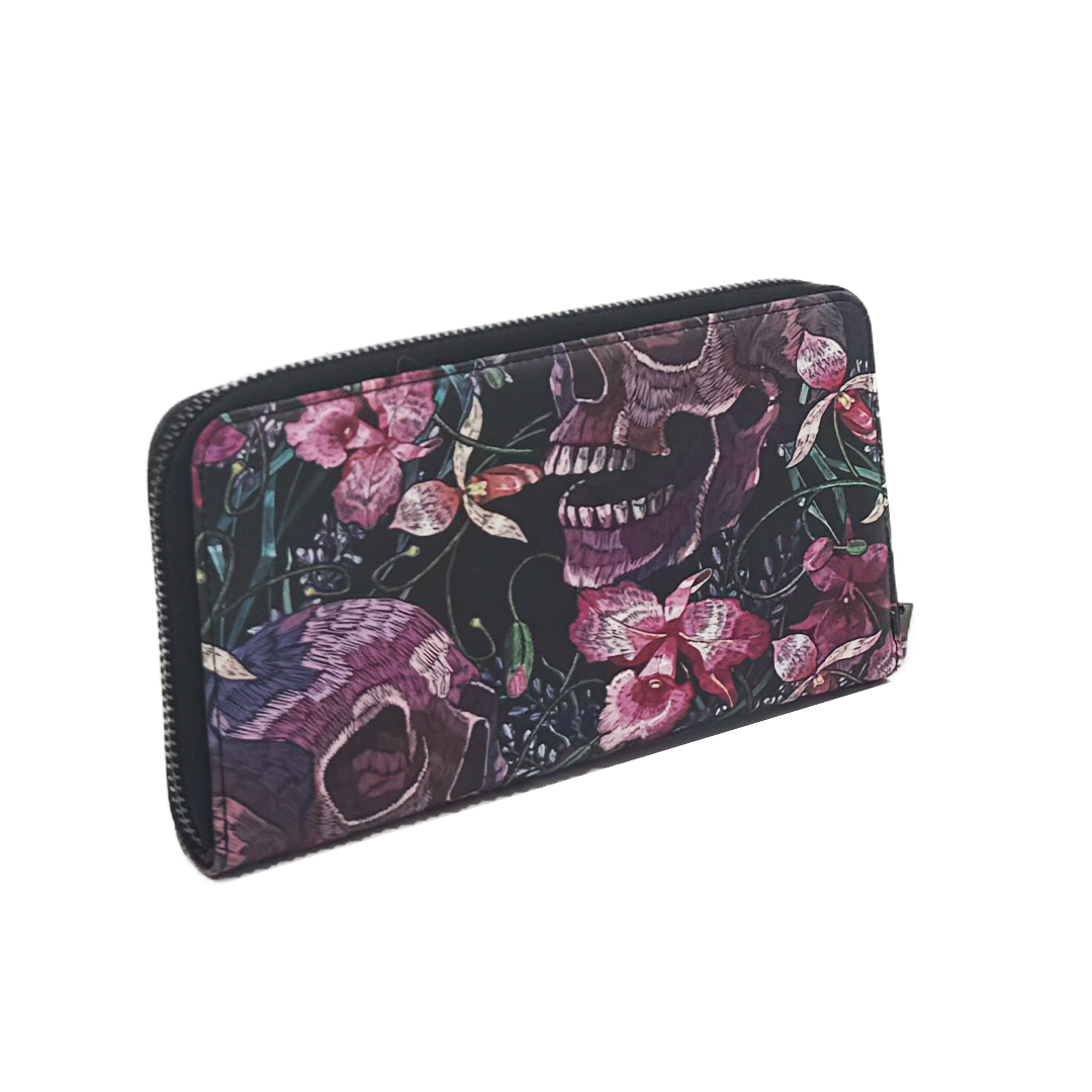 Wholesale ​Skulls and Flowers Clutch Wallet - Shady Front